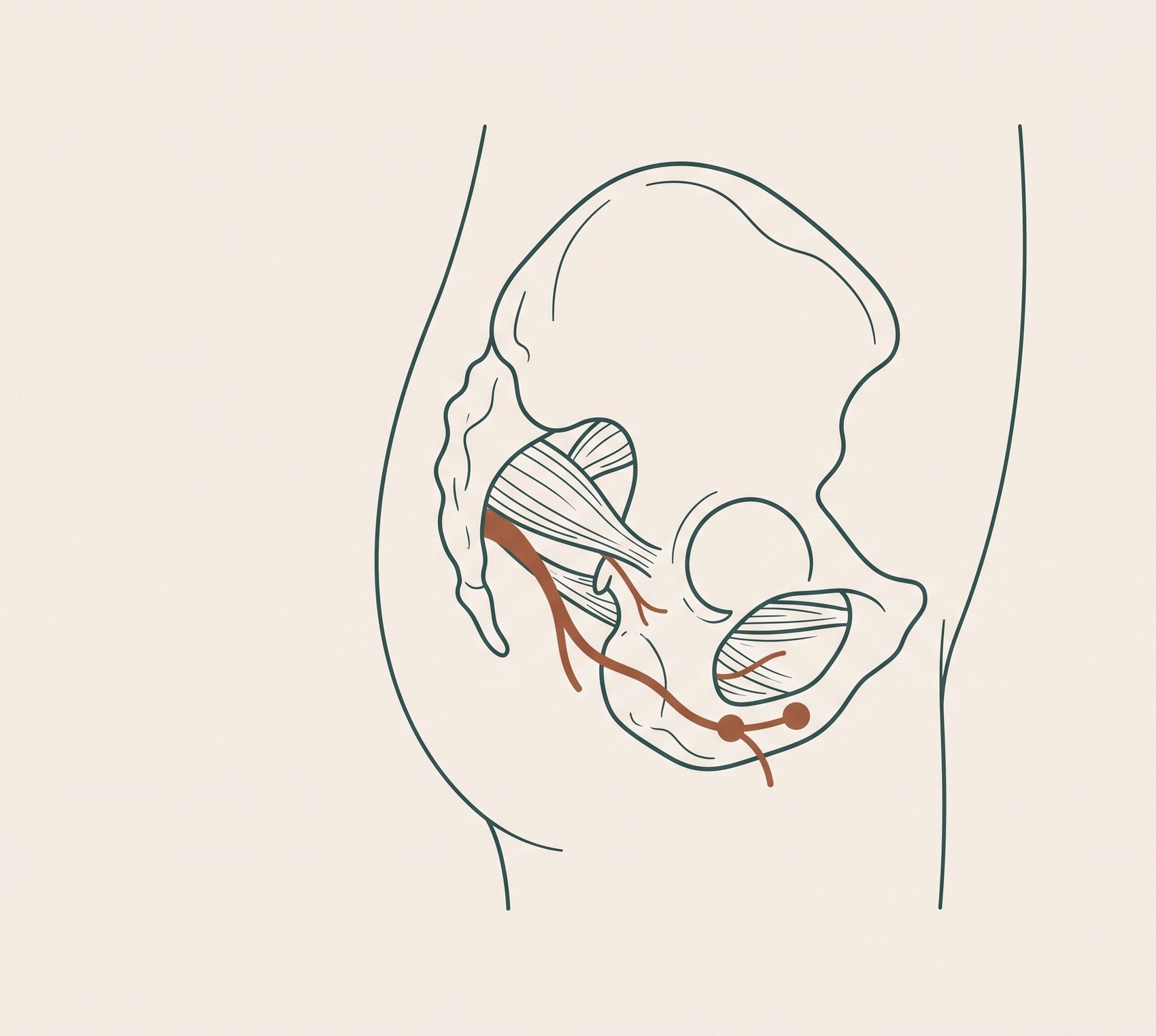 Recorrido del nervio pudendo en la pelvis femenina, con sus puntos de atrapamiento más frecuentes.