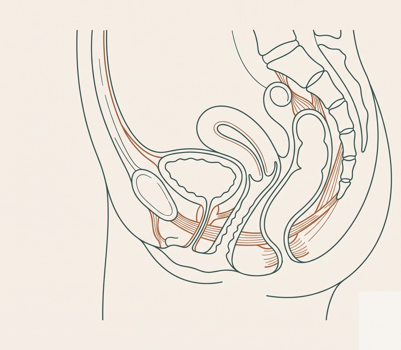 Esquema del suelo pélvico femenino en corte sagital, con la musculatura y estructuras implicadas en el dolor pélvico.